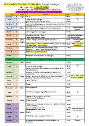 Planning Activités Gem De Baugé Juillet 2026