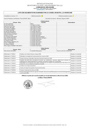 Liste Délibérations conseil municipal 04/03/2026