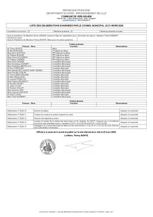 Liste Délibérations conseil municipal 21/03/2026