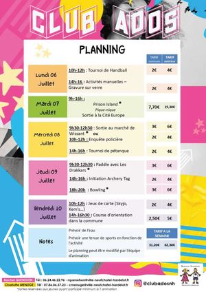 Planning Activité Club Ados 2026