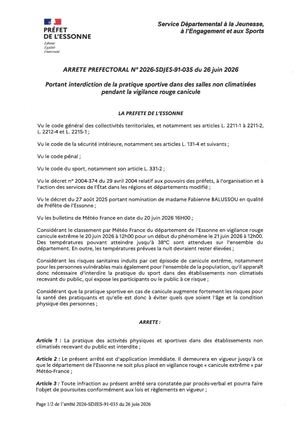 Arrêté Préfectoral 2026 Sdjes 91 035 Signé Interdiction Sport Salles Non Climatisées