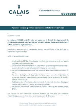 CP - Vigilance canicule - Point sur les mesures à Calais