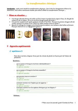 La Transformation Chimique Cours Élève