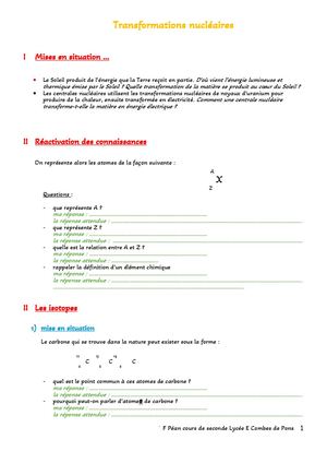 Transformations Nucléaires Cours Élève