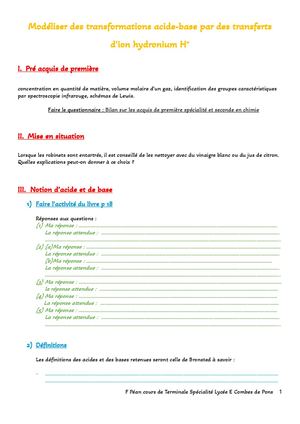 Modéliser Des Transformations Acide:base Par Un Transfert D'ion H+ Élève