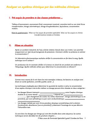 Analyser Un Système Par Des Méthodes Chimiques Cours Élève
