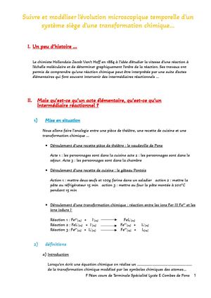 Suivre Et Modéliser L'évolution Microscopique Temporelle D'un Système Siège D'une Transformation Chimique… Cours Élève