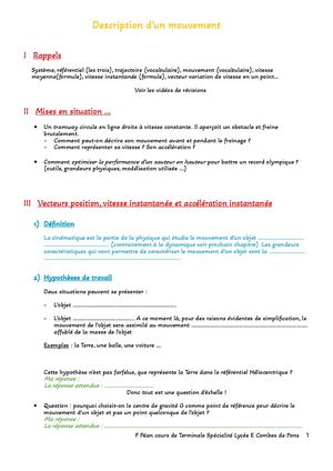 Description D’un Mouvement Cours Élève