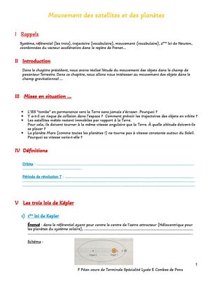 Mouvement Des Satellites Et Des Planètes Cours Élève
