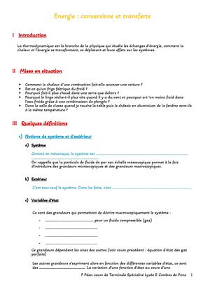 Energie Conversions Et Transferts Cours Élève