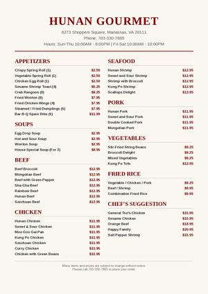 Hunan Gourmet Menu - Authentic Chinese Food in Manassas, VA