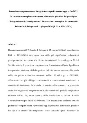 Protezione complementare e integrazione dopo il decreto-legge n. 20/2023. La protezione complementare come laboratorio giuridico del paradigma "Integrazione o ReImmigrazione". Osservazioni a margine del decreto del Tribunale di Bologna del 12 giugno 2026 