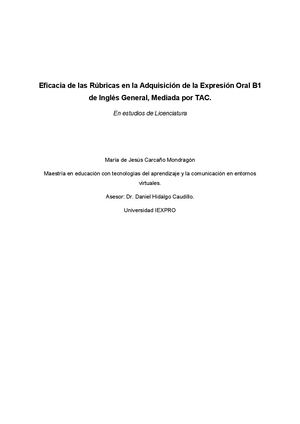 Eficacia De Las Rúbricas En La Adquisición De La Expresión Oral B1 De Inglés General