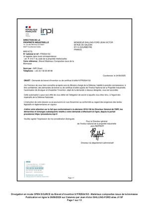 Divulgation Brevet D'invention N°FR2504153 Matériaux Composites Issus De La Biomasse En Mode Open Source Par Jv Sf