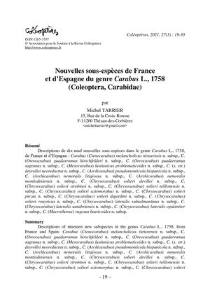 Nouvelles sous-espèces de France et d’Espagne du genre Carabus L., 1758 (Coleoptera, Carabidae)