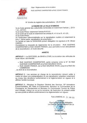 26 At 0996 Réglementation De La Circulation Rue Gustave Charpentier Et Rue César Franck Le 02 07 2026