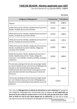 DEL 105 2026 - Annexe Tarifs Taxe De Séjour 2027