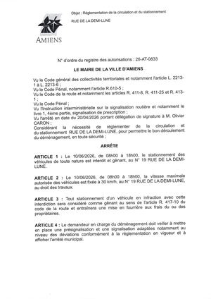 26 AT 0833 Réglementation De La Circulation Et Du Stationnement Rue De La Demi Lune Le 10 06 2026 Publiée Le 29 06 2026