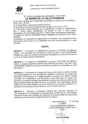 26 AT 0831 Réglementation De La Circulation Rue Alexandre Dumas Du 02 06 2026 Au 31 07 2026 Publiée Le 29 06 2026