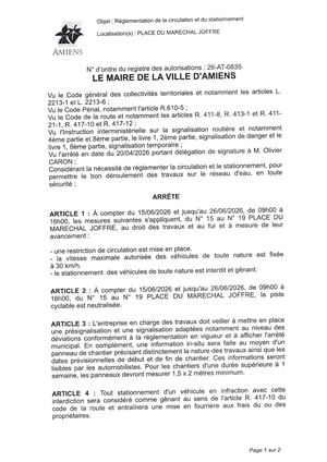 26 AT 0835 Réglementation De Stationnement Et Circulation Place Du Maechal Joffre Du 15 06 2026 Au 26 06 2026 Publiée Le 29 06 2026