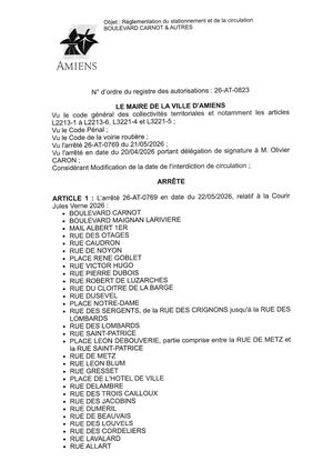 26 AT 0823 Réglementation De Stationnement Et Circulation Bld Carnot & Autres - Courir Jules Verne 2026 - Arrété 26 AT 0769 Est Abrogé Publiée Le 29 06 2026