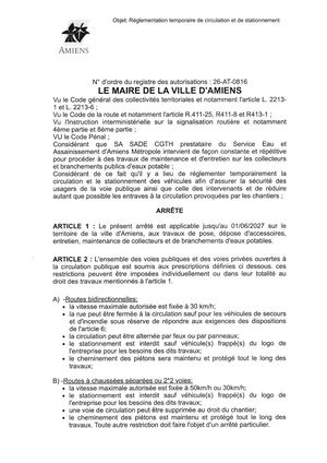 26 AT 0816 Réglementation Temporaire De Circulation Et De Stationnement Sur Tout Le Teriitoire Ville D'Amiens  Jusqu'au 01 06 2027 - Publiée Le 29 06 2026