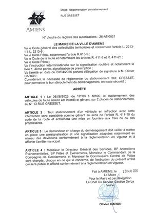 26 AT 0821 Réglementation Du Stationnement Rue Gresset Le 06 06 2026 - Publiée Le 29 06 2026