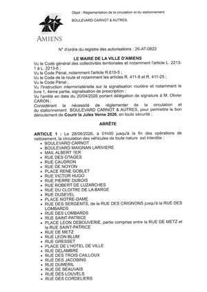 26 AT 0822 Réglementation De La Circulation Et Du Stationnement Boulevard Carnot & Autres Le 28 06 2026 - Publiée Le 29 06 2026