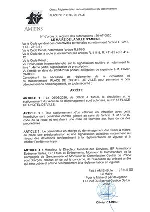 26 AT 0820 Réglementation De La Circulation Et Du Stationnement Place De L'hôtel De Ville Le 06 06 2026 - Publiée Le 29 06 2026