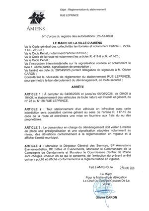 26 AT 0808 Réglementation Du Stationnement Rue Leprince Du 04 06 2026 Au 05 06 2026 - Publiée Le 29 06 2026
