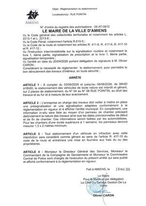26 AT 0810 Réglementation Du Stationnement Rue Pointin Du 03 06 2026 Au 08 08 2026 - Publiée Le 29 06 2026