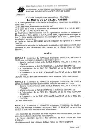 26 AT 0804 Réglementation De Stationnement Et Circulation Rue De Prague, Rue Descartes & Autres Du 15 06 2026 Au 31 08 2026 - Publiée Le 29 06 2026