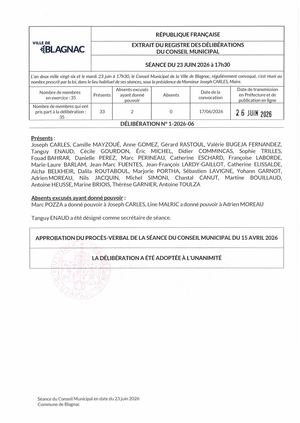 CM 23 06 2026, Délibérations 1 à 13 Inclus