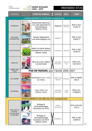 Liste Manuels 1re ST2S Lycée Jean Paul II 2026 2027