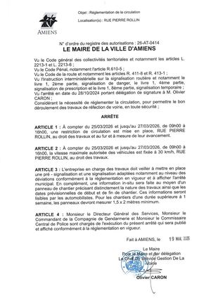 26 AT 0414  Reglementation Circulation  Rue Pierre Rolin Du 25 03 26 Au 27 03 26 Publié Le 29 06 26