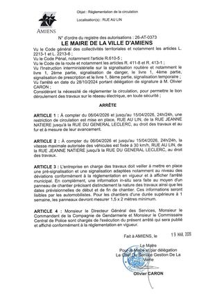 26 AT 0373  Reglementation Circulation Rue Au Lin Du 06 04 26 Au 15 04 26 Publié Le 29 06 26