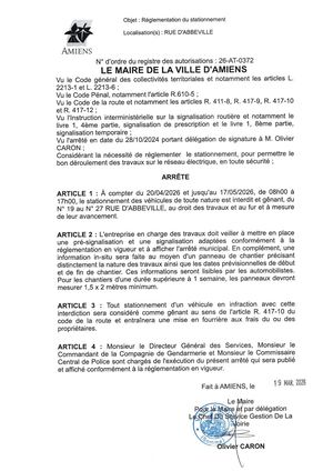 26 AT 0372  Reglementation  Stationnement Rue D Abbeville Du 20 04 26 Au 17 05 26 Publié Le 29 06 26