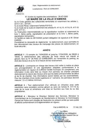 26 AT 0383  Reglementation Stationnement Rue Le Corbusier  Du 13 04 26 Au 17 04 26 Publié Le 29 06 26