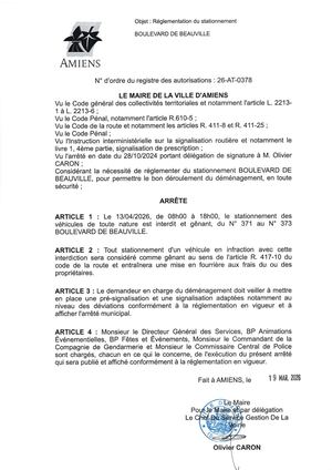 26 AT 0378  Reglementation Stationnement Boulevard De Beauvillé Le 13 04 26 Publié Le 29 06 26