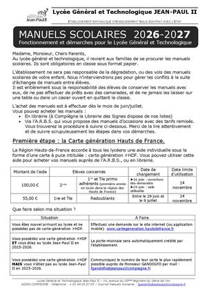 Circulaire Manuels Scolaires LGT 2026 2027