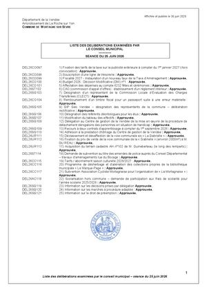 LISTE DELIBERATIONS CONSEIL MUNICIPAL DU 25 JUIN 2026