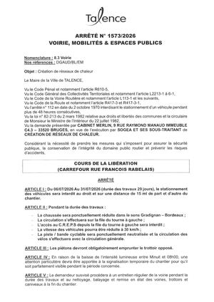 Arrete 1573-2026-Creation Reseau De Chaleur Crs De La Liberation Du 6 Au 31-07-2026-Publié Le 29 06 2026