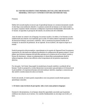 El Vientre Materno Como Primera Escuela Del Ser Humano