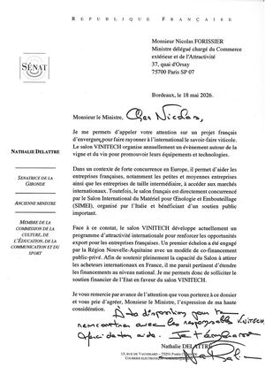Courrier à Nicolas Forissier, ministre délégué chargé du Commerce extérieur et de l’Attractivité
