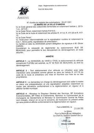 26 AT 1001 Réglementation Du Stationnement Rue De Beauvais Le 30 06 2026 - Publiée Le 30 06 2026