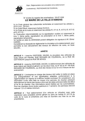26 AT 1008 Réglementation De La Circulation Et Du Stationnement Rue Richard De Fournival Jusqu'au 03 07 2026 - Publiée Le 30 06 2026