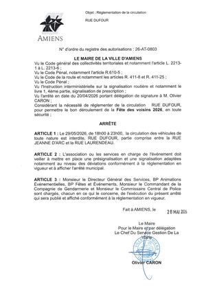 26 AT 0803 Réglementation De La Circulation Rue Dufour - Fête Des Voisins 2026 - Le 29 05 2026 - Publiée Le 30 06 2026