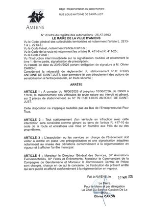 26 AT 0793 Réglementation Du Stationnement Rue Louis Antoine De Saint Just Du 16 06 2026 Au 18 06 2026 - Publiée Le 30 06 2026