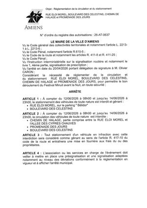 26 AT 0637  Réglementation Du Stationnement Et De La Circulation  Rue Eloi Morel Et Autres Festival Minuit Avant La Nuit Le 12 06 2026 - Publiée Le 30 06 2026