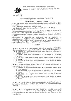 26 AT 0727 -  Rue Pointin, Rue Vascoan, Rue Daire Et Rue Blamont Du 05 09 2026 Au 06 09 2026 - Publiée Le 30 06 2026